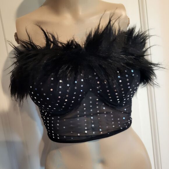 Strapless Faux Fur Sequin Mesh Bustier Crop Top Push Up Tube Top Sz s - Picture 2 of 5
